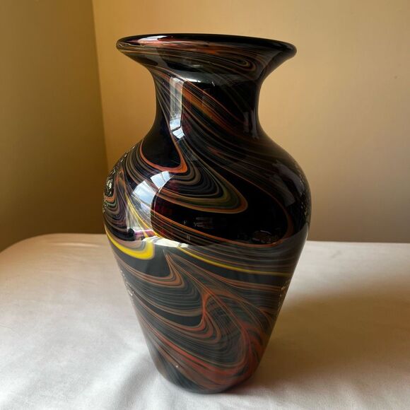 Murano Style Art Glass Vase Hand Blown Blackβ with Gold Foil Mid Century Modern - Picture 6 of 12